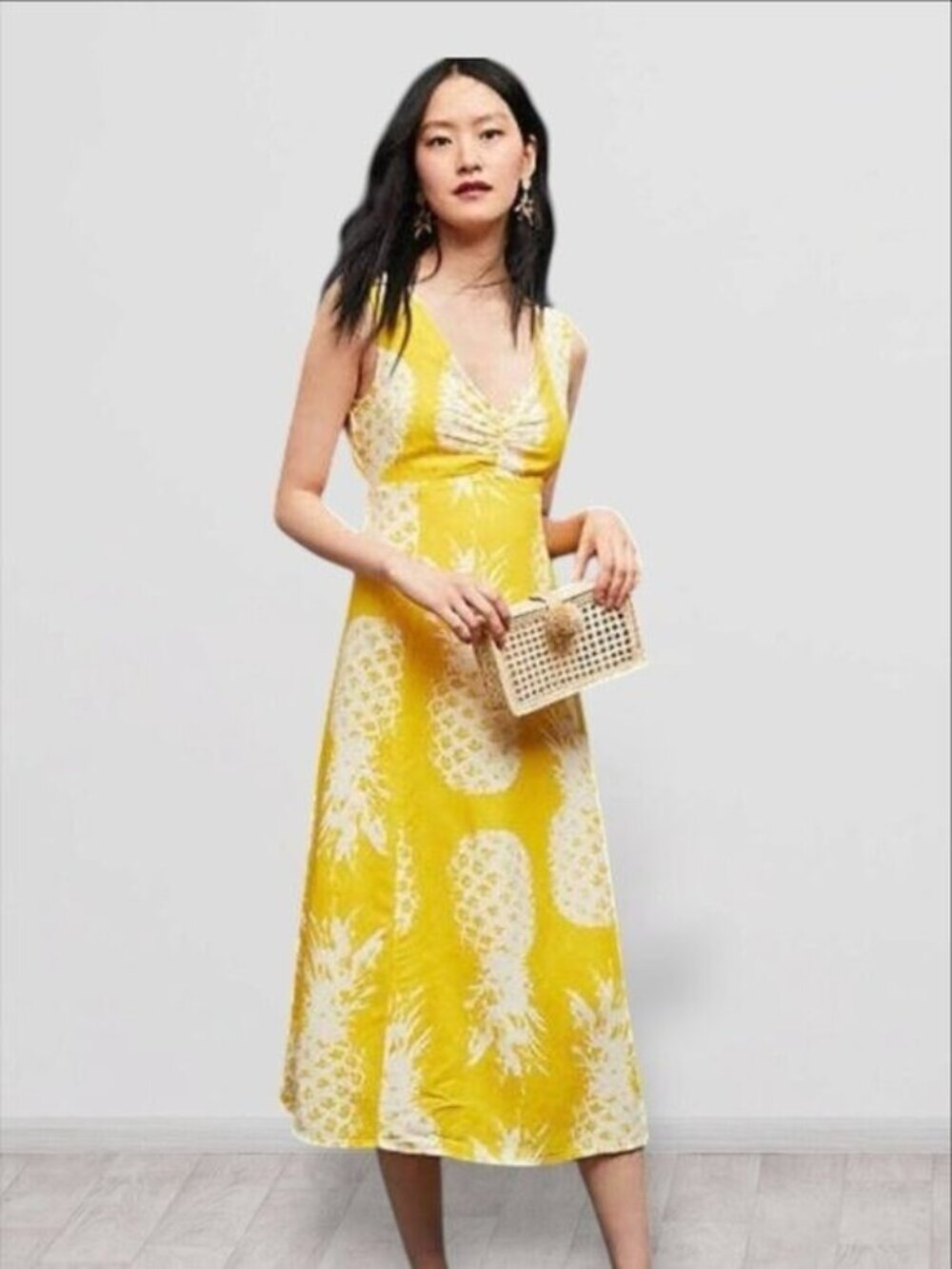 🛍 Anthropologie Maeve Pineapple Print Linen Blend Midi Dress in Yellow